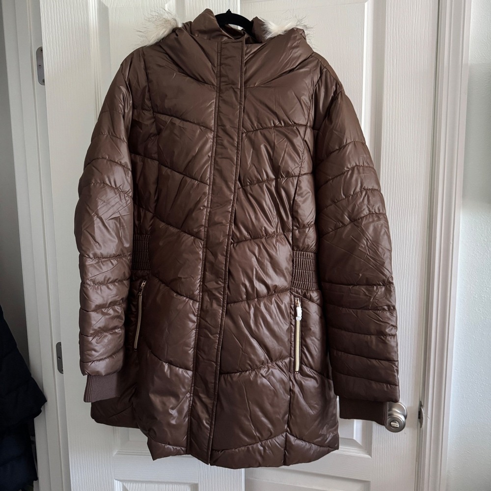 30 First Brown Puffer Parka Faux Fur Hood Cinched Waist Winter Coat Womens 3XL